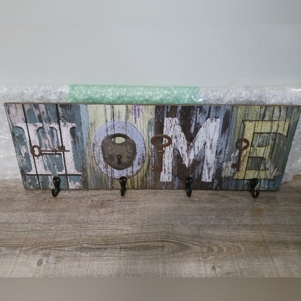 "HOME" SIGN WITH HOOKS (9"X26")